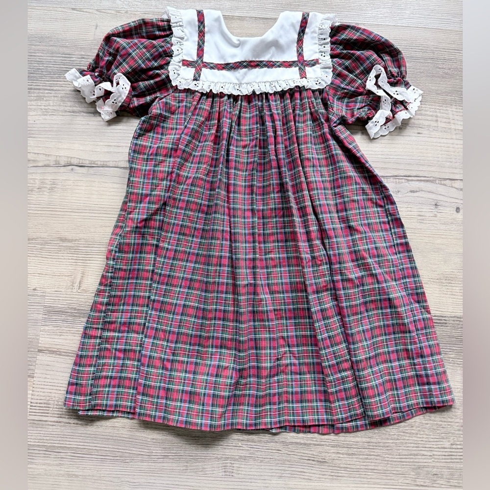 Vintage Bryan Red Plaid holiday prairie Dress With White Yoke With Lace